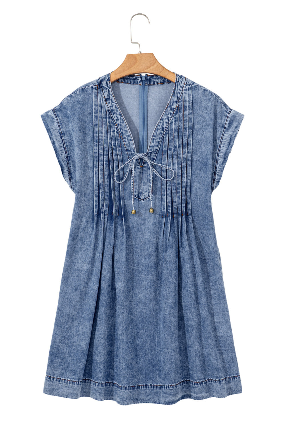 Beau Blue Tie V Neck Tucking Detail Short Sleeve Denim Shift Dress-TOPS / DRESSES-[Adult]-[Female]-2022 Online Blue Zone Planet