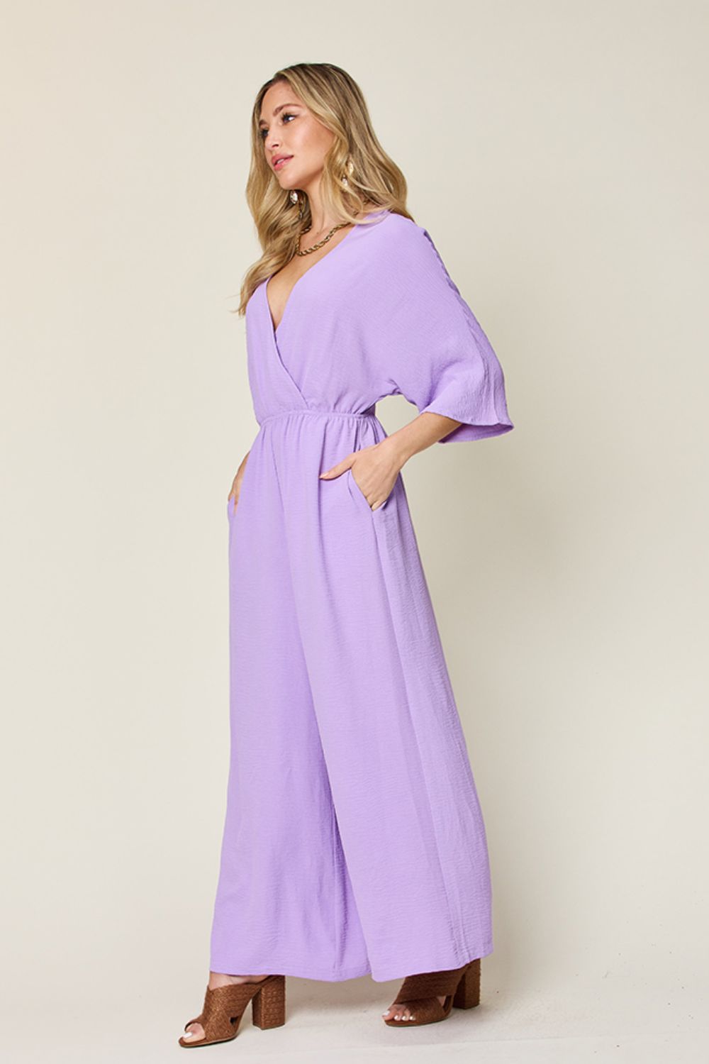 Double Take Full Size Surplice Wide Leg Jumpsuit with Pockets-TOPS / DRESSES-[Adult]-[Female]-2022 Online Blue Zone Planet