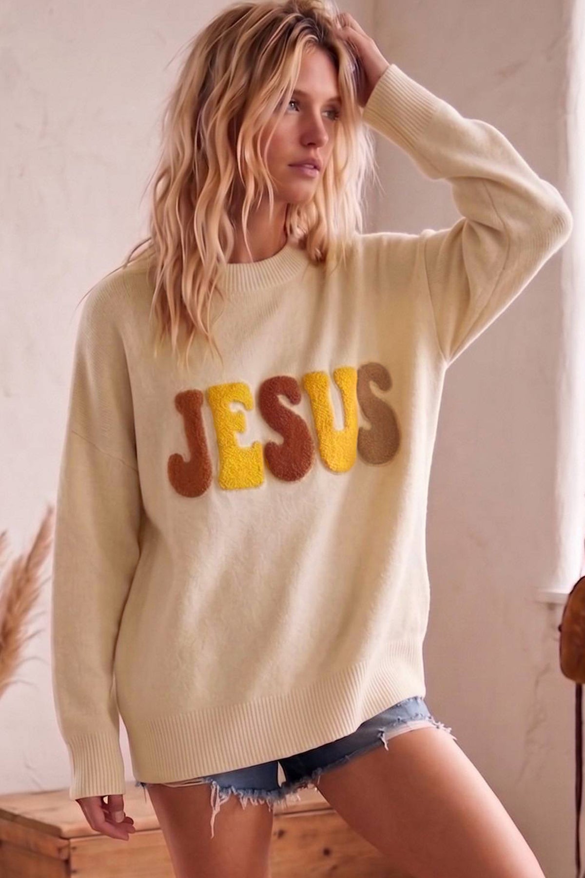 Oatmeal JESUS Plush Letter Graphic Crew Neck Casual Sweater-Sweaters & Cardigans/Sweaters-[Adult]-[Female]-2022 Online Blue Zone Planet