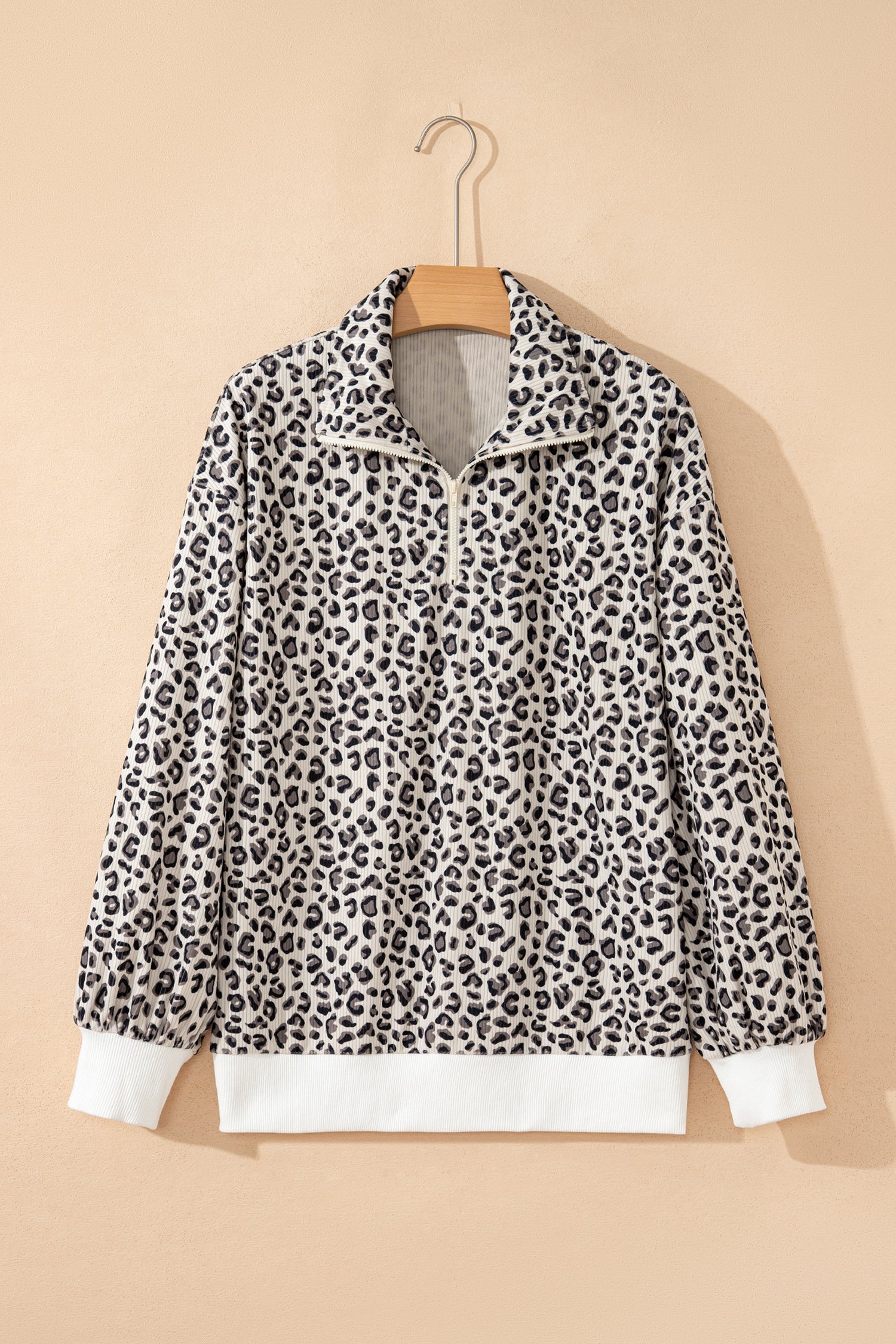 Beige Leopard Print Quarter Zip Corduroy Sweatshirt-Tops/Sweatshirts & Hoodies-[Adult]-[Female]-2022 Online Blue Zone Planet