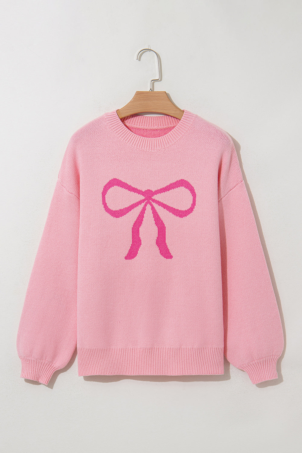 Pink Bow Graphic Drop Shoulder Round Neck Sweater-Sweaters & Cardigans/Sweaters-[Adult]-[Female]-2022 Online Blue Zone Planet