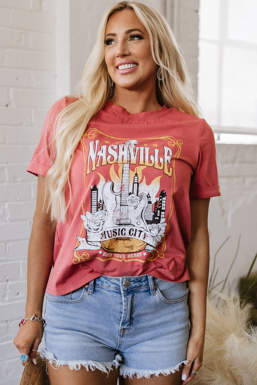 Mineral Red Nashville Music City Graphic Retro Fashion Tee-Tops/Tops & Tees-[Adult]-[Female]-2022 Online Blue Zone Planet
