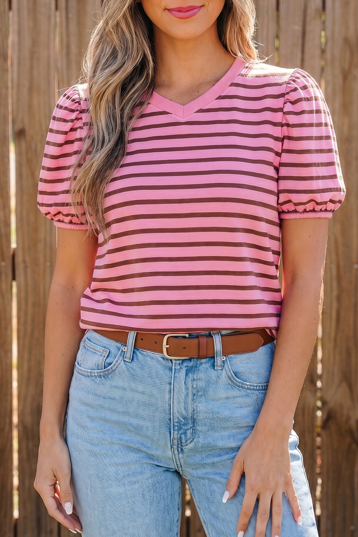 Rose Stripe Striped V-Neck Ribbed Collar Cuff Gathering Puff Sleeve Top-Tops/Tops & Tees-[Adult]-[Female]-2022 Online Blue Zone Planet
