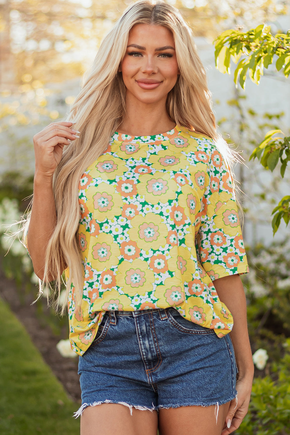 Yellow Summer Flower Printed Drop Shoulder Loose T Shirt-Tops/Tops & Tees-[Adult]-[Female]-2022 Online Blue Zone Planet