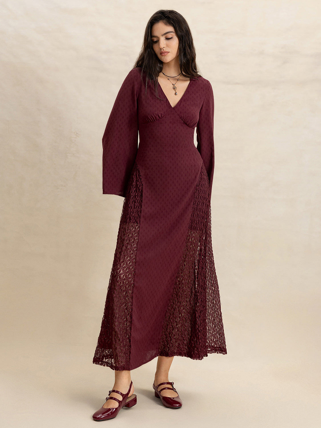 Lace Patchwork V-Neck Long Sleeve Midi Dress-TOPS / DRESSES-[Adult]-[Female]-2022 Online Blue Zone Planet