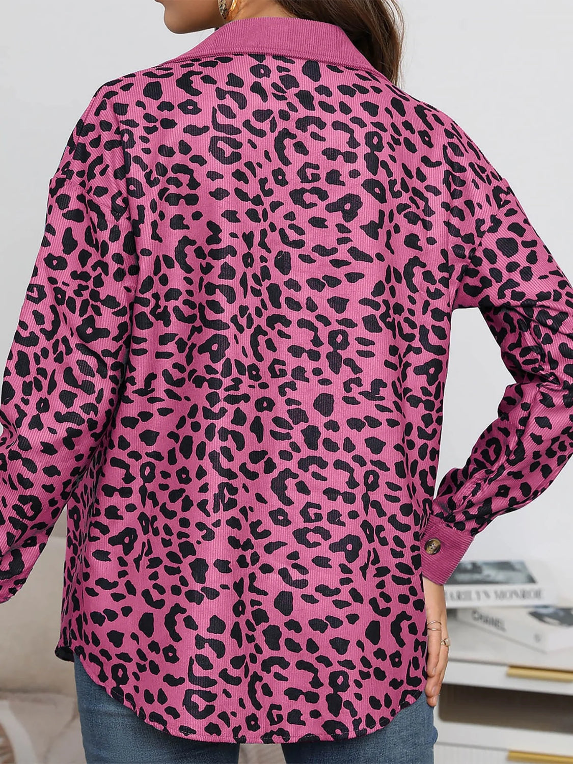 Full Size Leopard Collared Neck Button Up Long Sleeve Jacket-TOPS / DRESSES-[Adult]-[Female]-2022 Online Blue Zone Planet