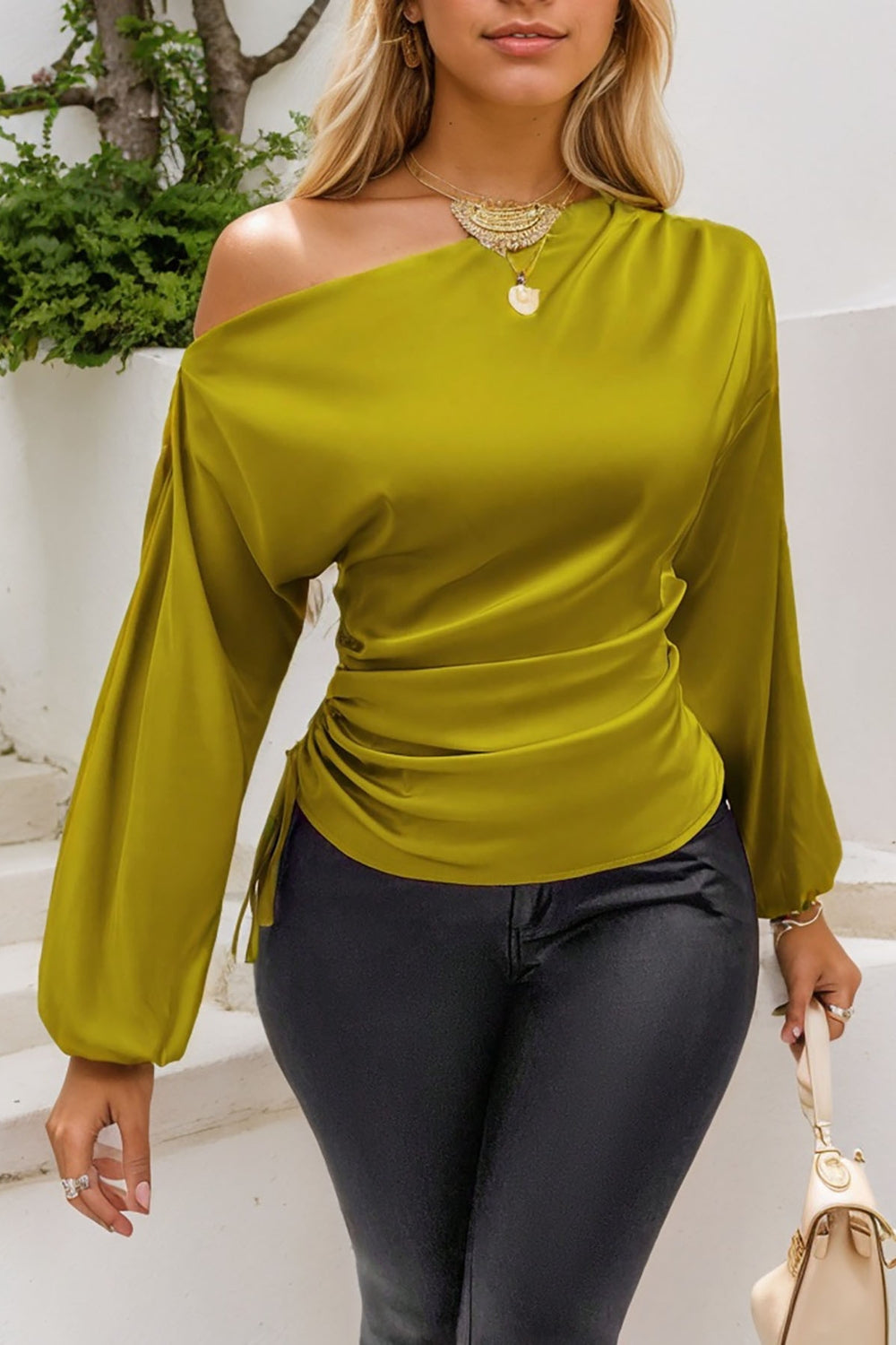 Drawstring One Shoulder Long Sleeve Blouse-TOPS / DRESSES-[Adult]-[Female]-Olive-S-2022 Online Blue Zone Planet