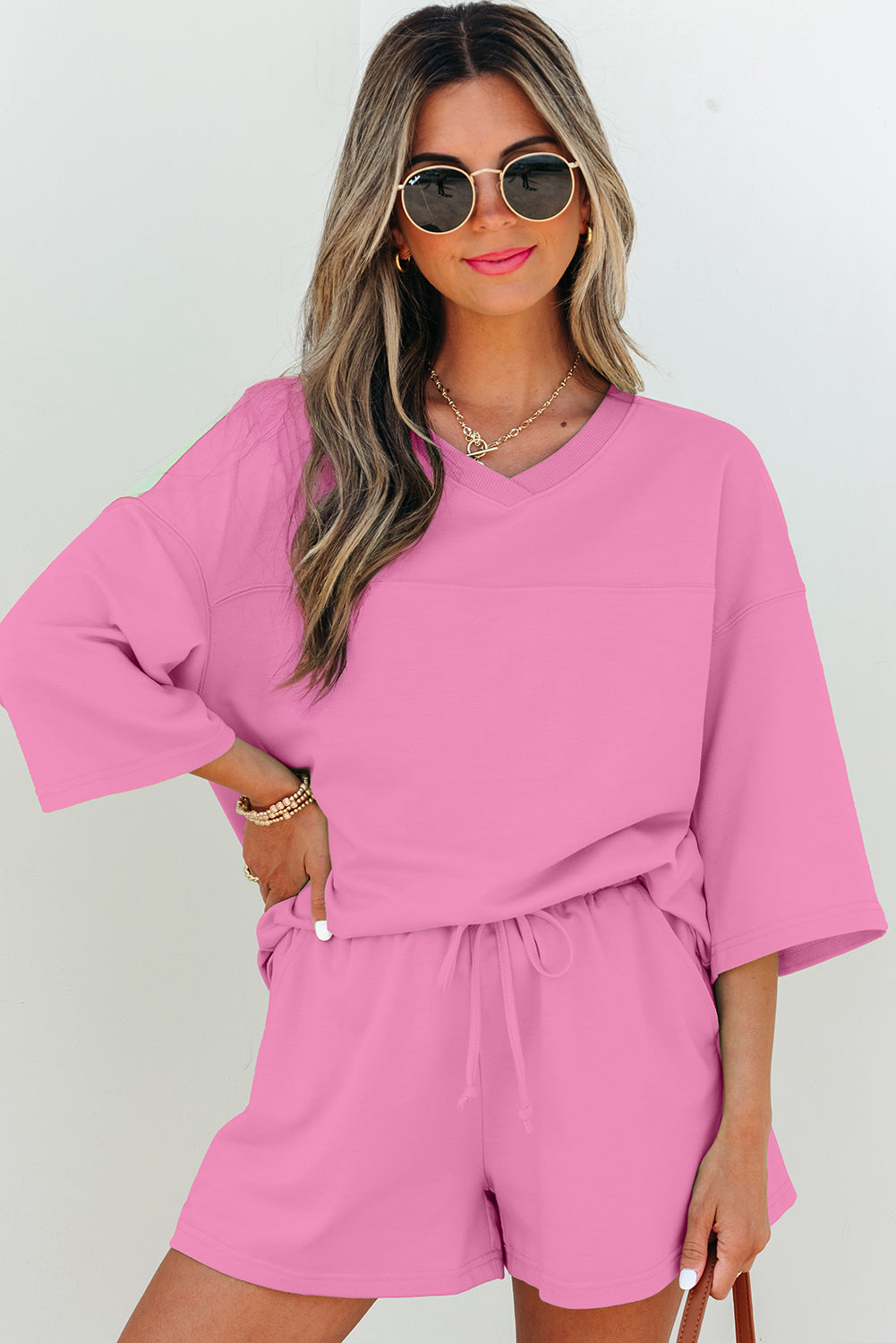 Bonbon Solid Loose V Neck Half Sleeve Tee and Shorts-Two Piece Sets/Short Sets-[Adult]-[Female]-2022 Online Blue Zone Planet