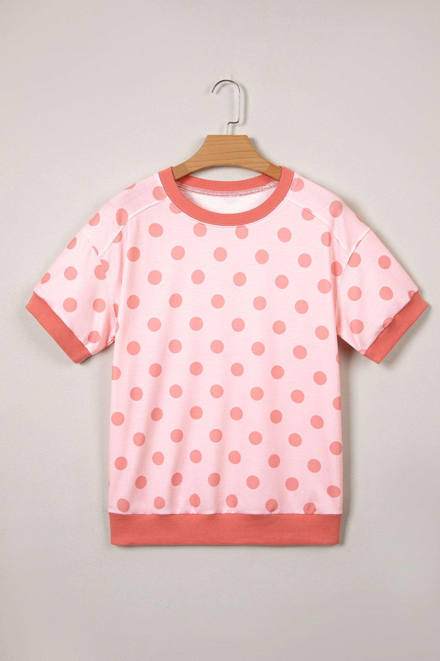 Pink Color Block Trim Polka Dot Casual Tee-Tops/Tops & Tees-[Adult]-[Female]-2022 Online Blue Zone Planet