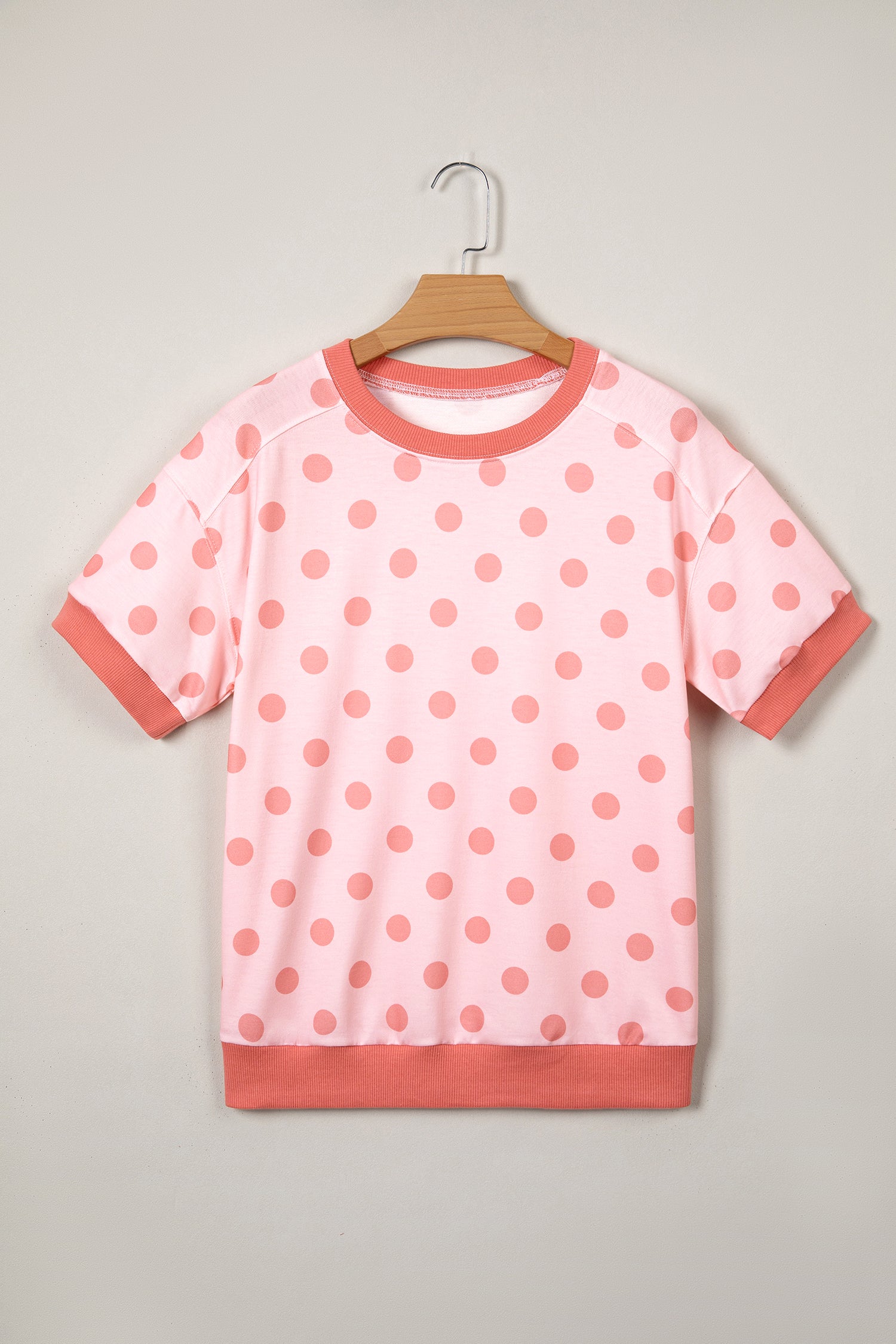 Pink Color Block Trim Polka Dot Casual Tee-Tops/Tops & Tees-[Adult]-[Female]-2022 Online Blue Zone Planet