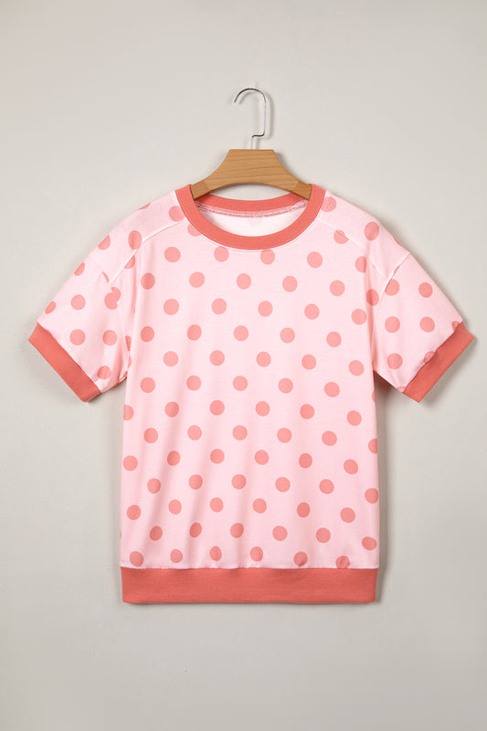 Pink Color Block Trim Polka Dot Casual Tee-Tops/Tops & Tees-[Adult]-[Female]-2022 Online Blue Zone Planet