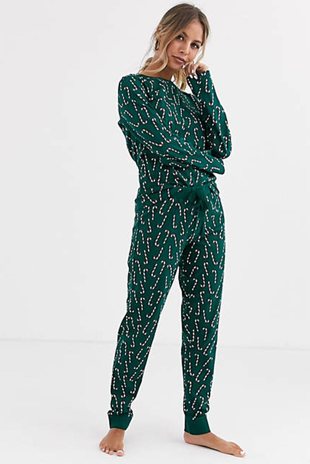 Green Christmas Candy Cane Printed Top and Pants Lounge Set-Loungewear & Sleepwear/Loungewear-[Adult]-[Female]-2022 Online Blue Zone Planet