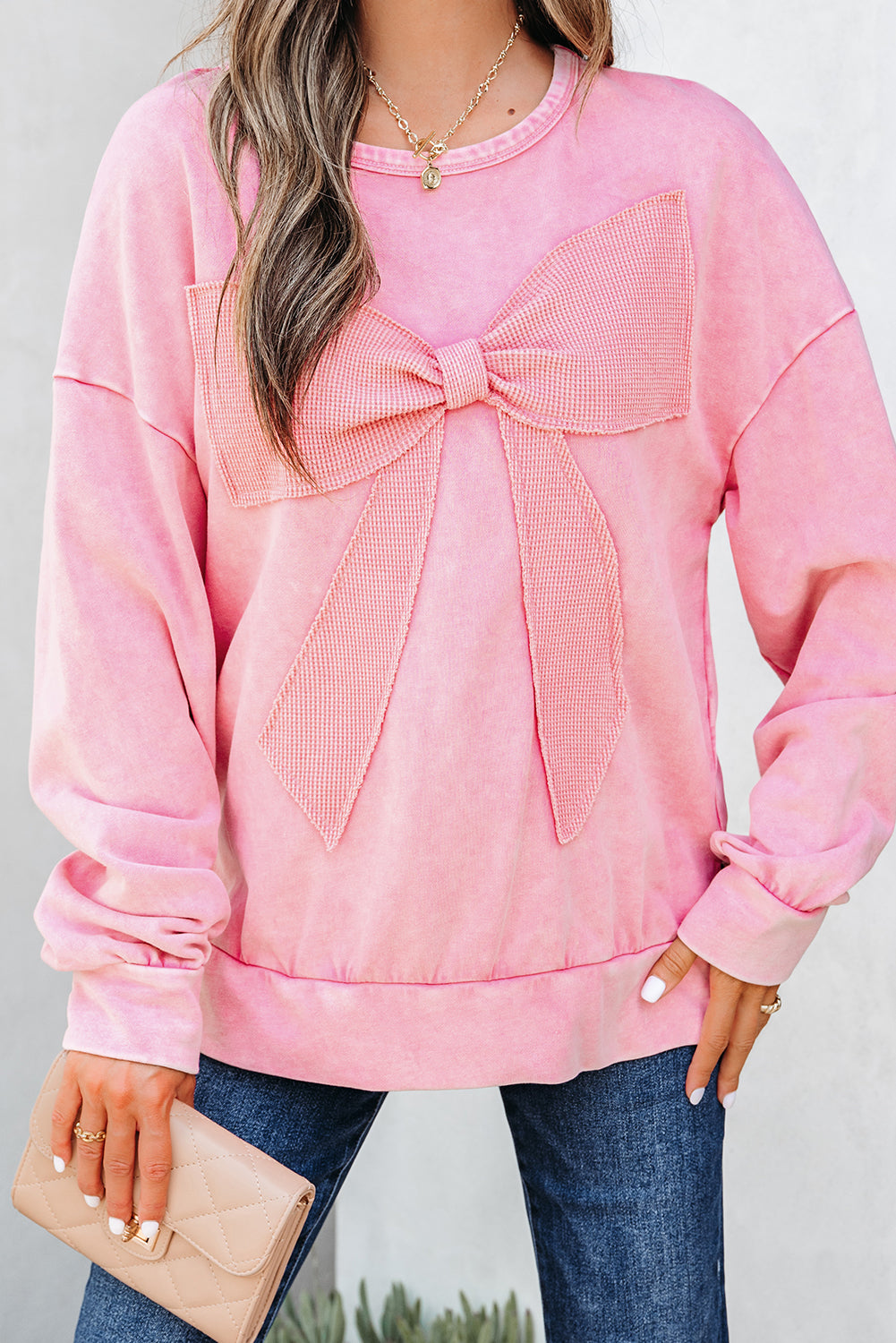 Bright Pink Mineral Wash Big Bow Patchwork Pullover Sweatshirt-Tops/Sweatshirts & Hoodies-[Adult]-[Female]-2022 Online Blue Zone Planet