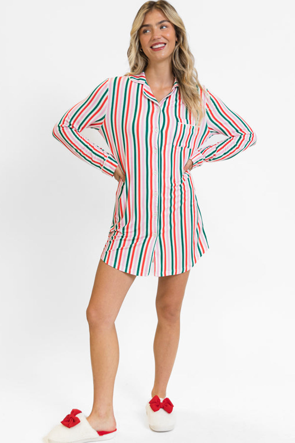 Pink Stripe Christmas Long Sleeve Shirt Style Lounge Dress-TOPS / DRESSES-[Adult]-[Female]-2022 Online Blue Zone Planet