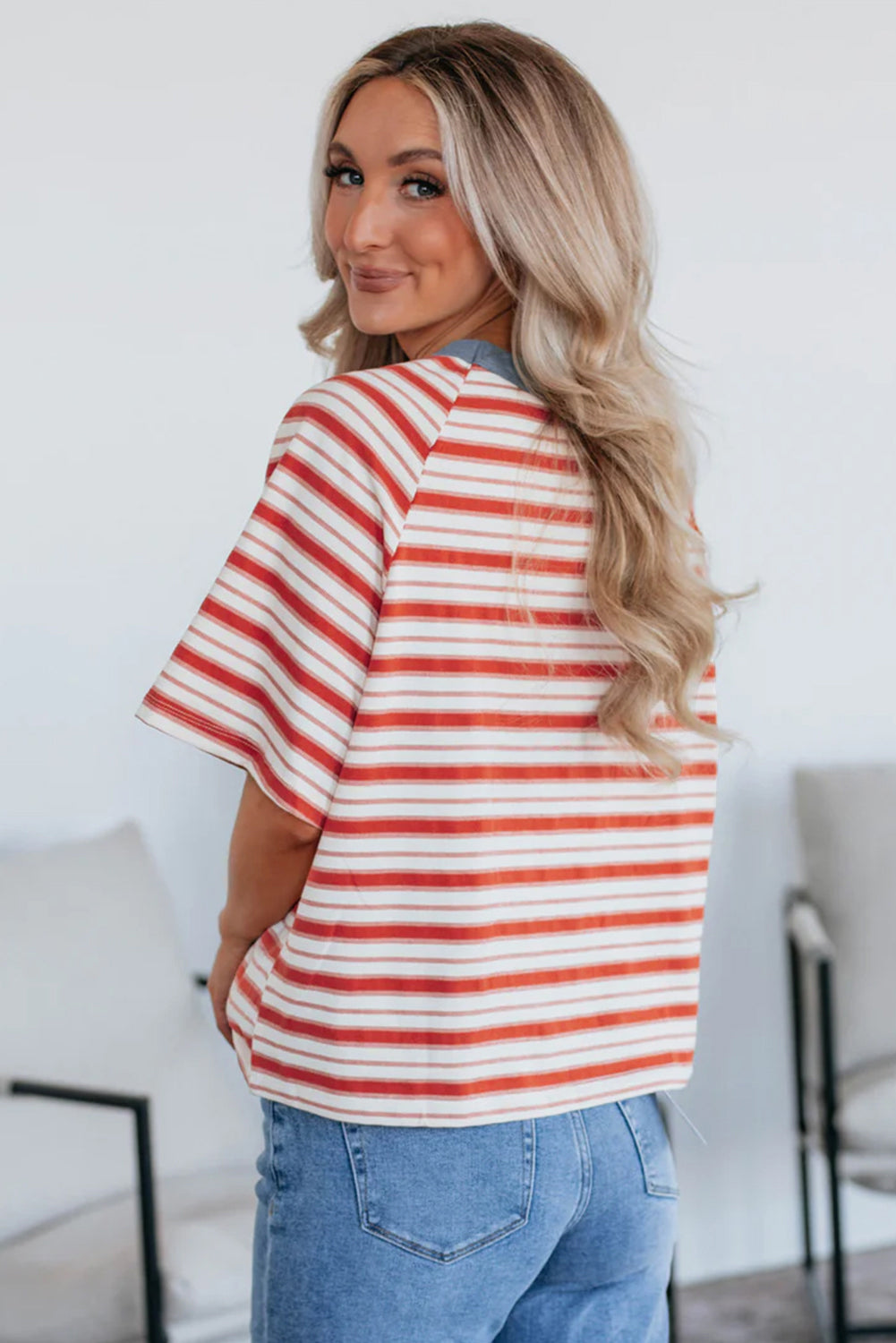 Tomato Red Stripe Print Contrast Collar Raglan Sleeve T Shirt-Tops/Tops & Tees-[Adult]-[Female]-2022 Online Blue Zone Planet
