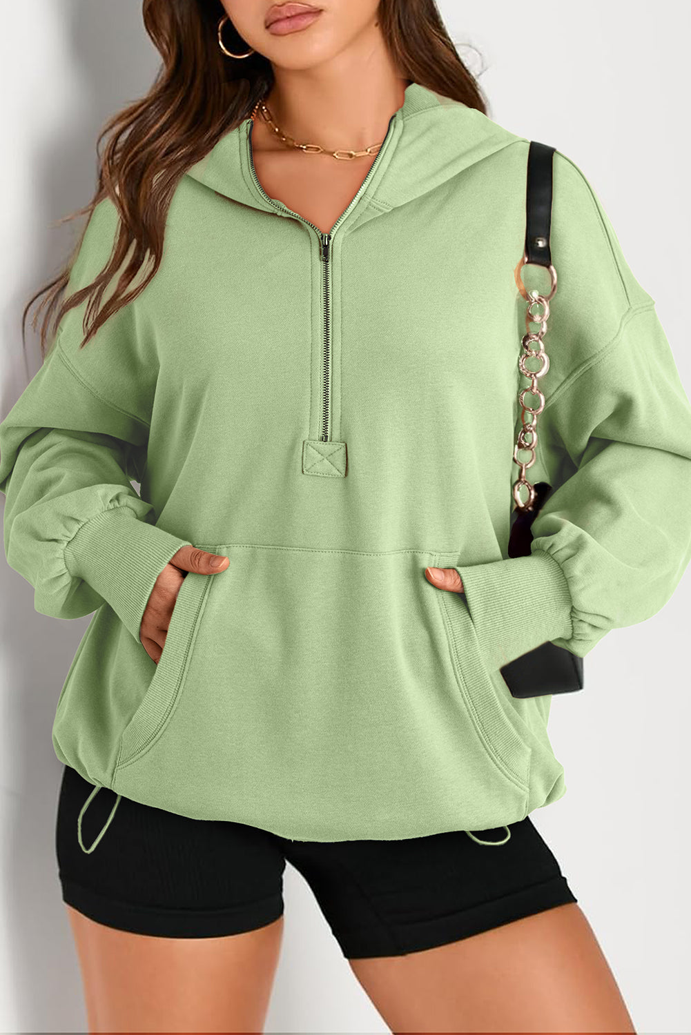 Brown Solid Kangaroo Pocket Half Zipper Oversized Hoodie-Tops/Sweatshirts & Hoodies-[Adult]-[Female]-Smoke Green-S-2022 Online Blue Zone Planet