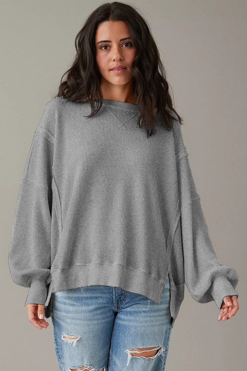 Gray Waffle knit Bishop Sleeve Split Oversized Top-Tops/Long Sleeve Tops-[Adult]-[Female]-2022 Online Blue Zone Planet