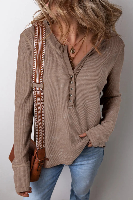 Notched Long Sleeve Top-TOPS / DRESSES-[Adult]-[Female]-Taupe-S-2022 Online Blue Zone Planet