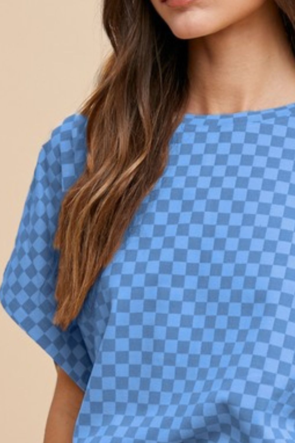 Annie Wear Checkered Round Neck Short Sleeve T-Shirt-TOPS / DRESSES-[Adult]-[Female]-2022 Online Blue Zone Planet