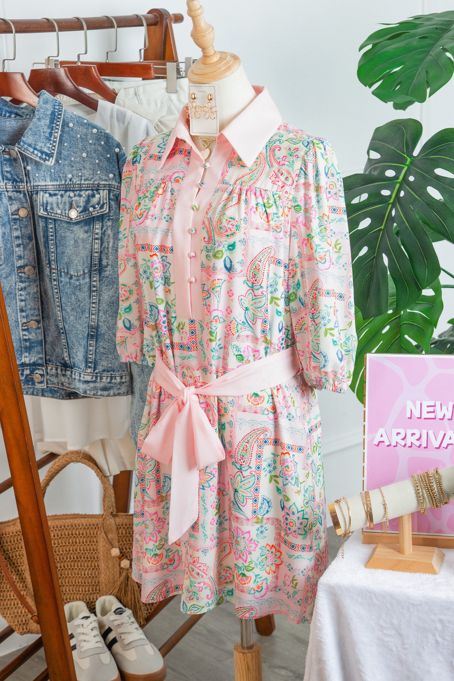 Pink Boho Floral Print Color Block Trim Half Button Belted Mini Dress-TOPS / DRESSES-[Adult]-[Female]-2022 Online Blue Zone Planet