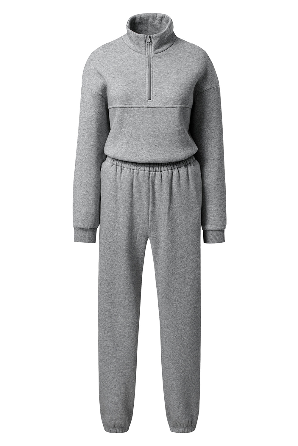 Light Grey Half Zip Drop Shoulder Sweatshirt And Sweatpants Two Piece Set-Two Piece Pants Sets-[Adult]-[Female]-2022 Online Blue Zone Planet