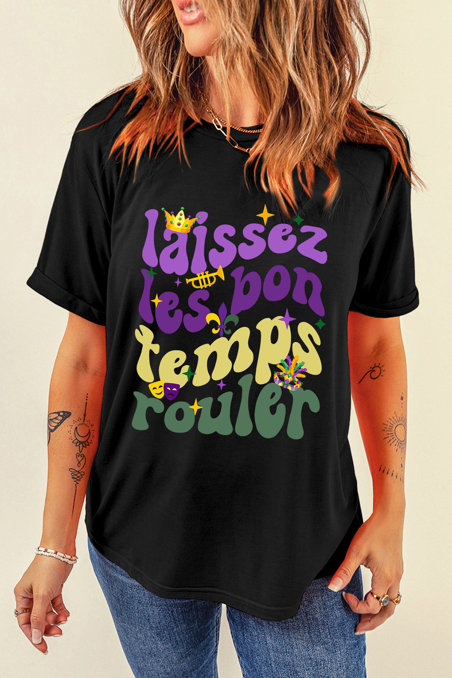 Black Laissez Lesbon Temps Rouler Graphic Mardi Gras Tee-Graphic Tees-[Adult]-[Female]-2022 Online Blue Zone Planet