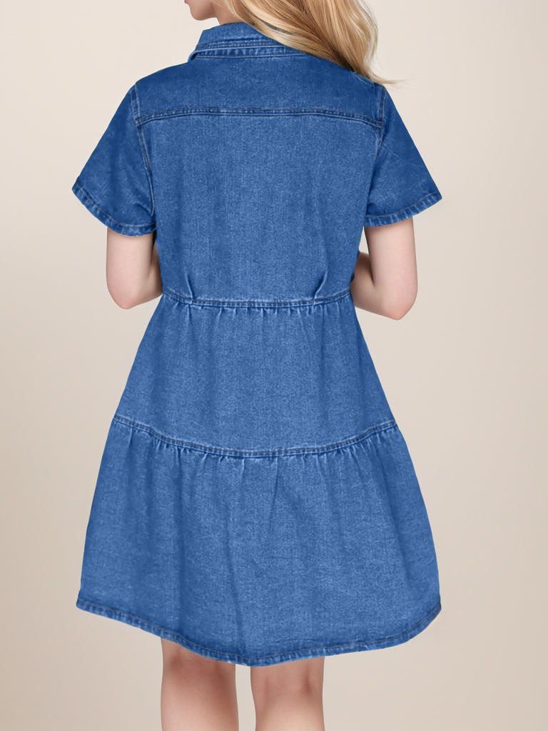 Button Up Short Sleeve Denim Dress-TOPS / DRESSES-[Adult]-[Female]-2022 Online Blue Zone Planet