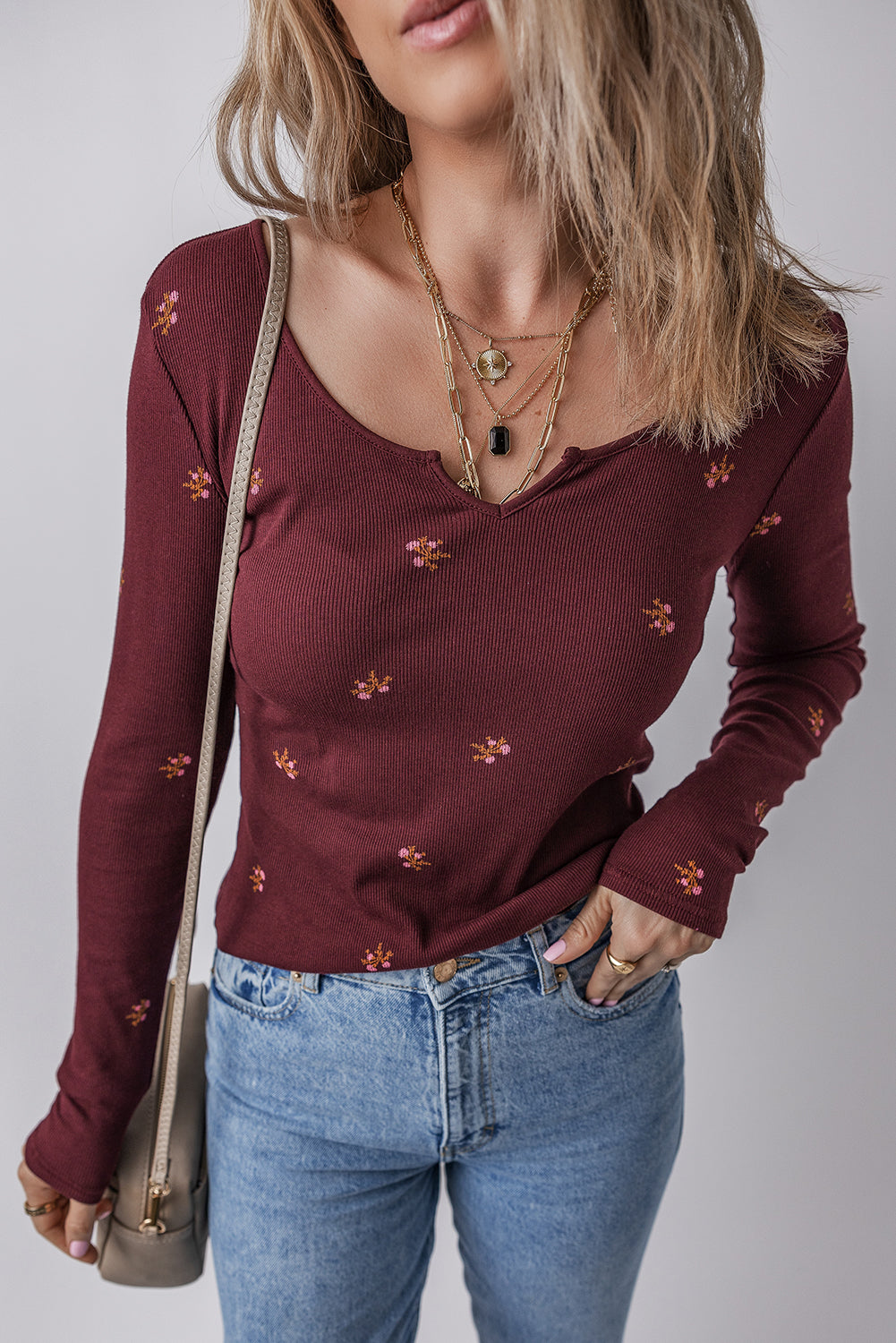 Burgundy Notched Neck Floral Print Ribbed Long Sleeve Top-Tops/Long Sleeve Tops-[Adult]-[Female]-2022 Online Blue Zone Planet