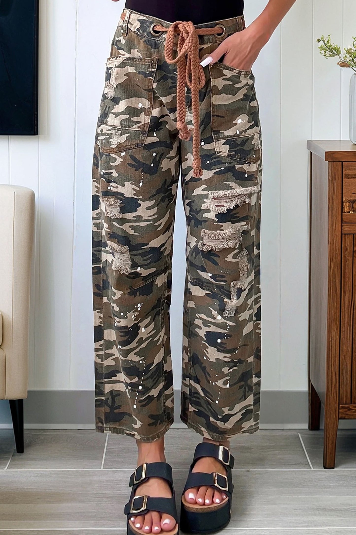 Green Camouflage Print Splashed Distressed Loose Denim Pants-Bottoms/Pants & Culotte-[Adult]-[Female]-2022 Online Blue Zone Planet