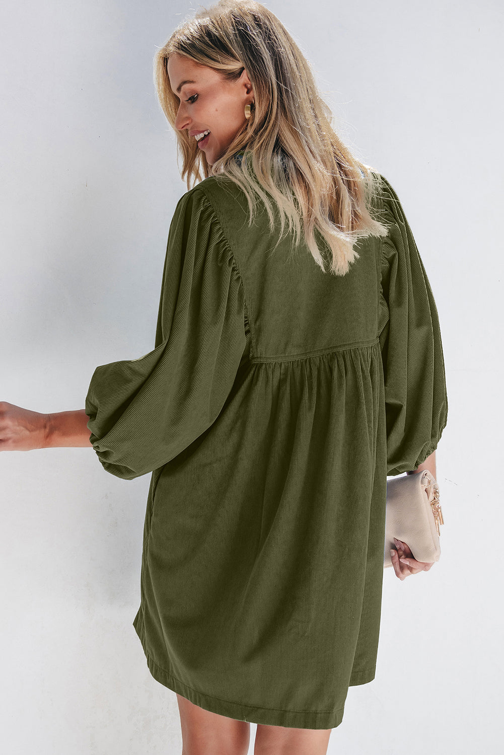 Blue Zone Planet | Vineyard Green Corduroy Snap Buttons Empire Waist Bracelet Sleeve Mini Dress-TOPS / DRESSES-[Adult]-[Female]-2022 Online Blue Zone Planet