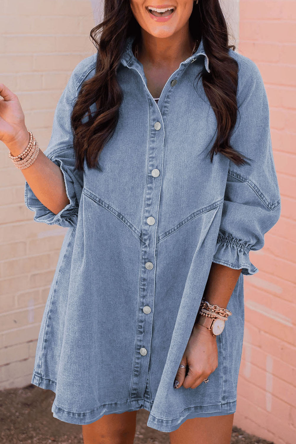 Blue Zone Planet | Sky Blue Buttoned Long Sleeve Denim Mini Dress-TOPS / DRESSES-[Adult]-[Female]-2022 Online Blue Zone Planet