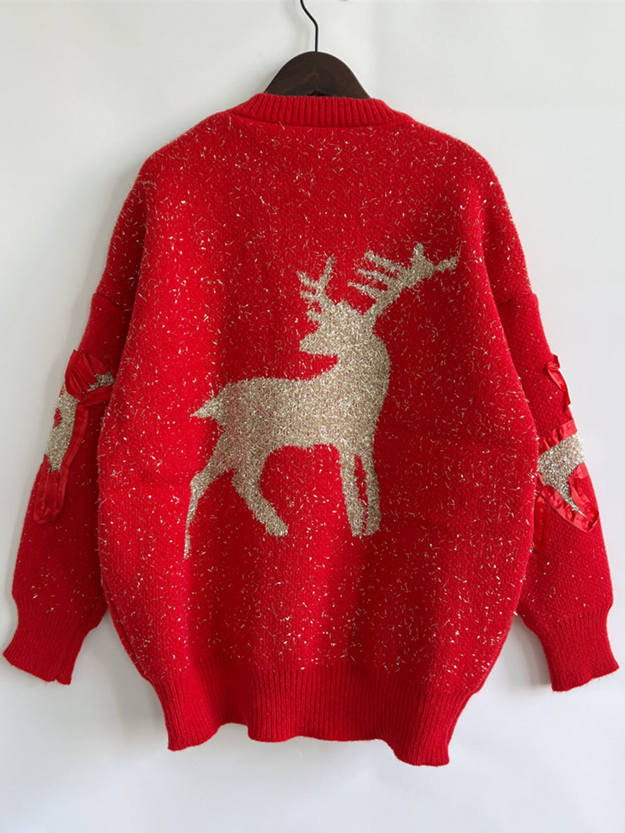 Reindeer Round Neck Long Sleeve Sweater-TOPS / DRESSES-[Adult]-[Female]-2022 Online Blue Zone Planet