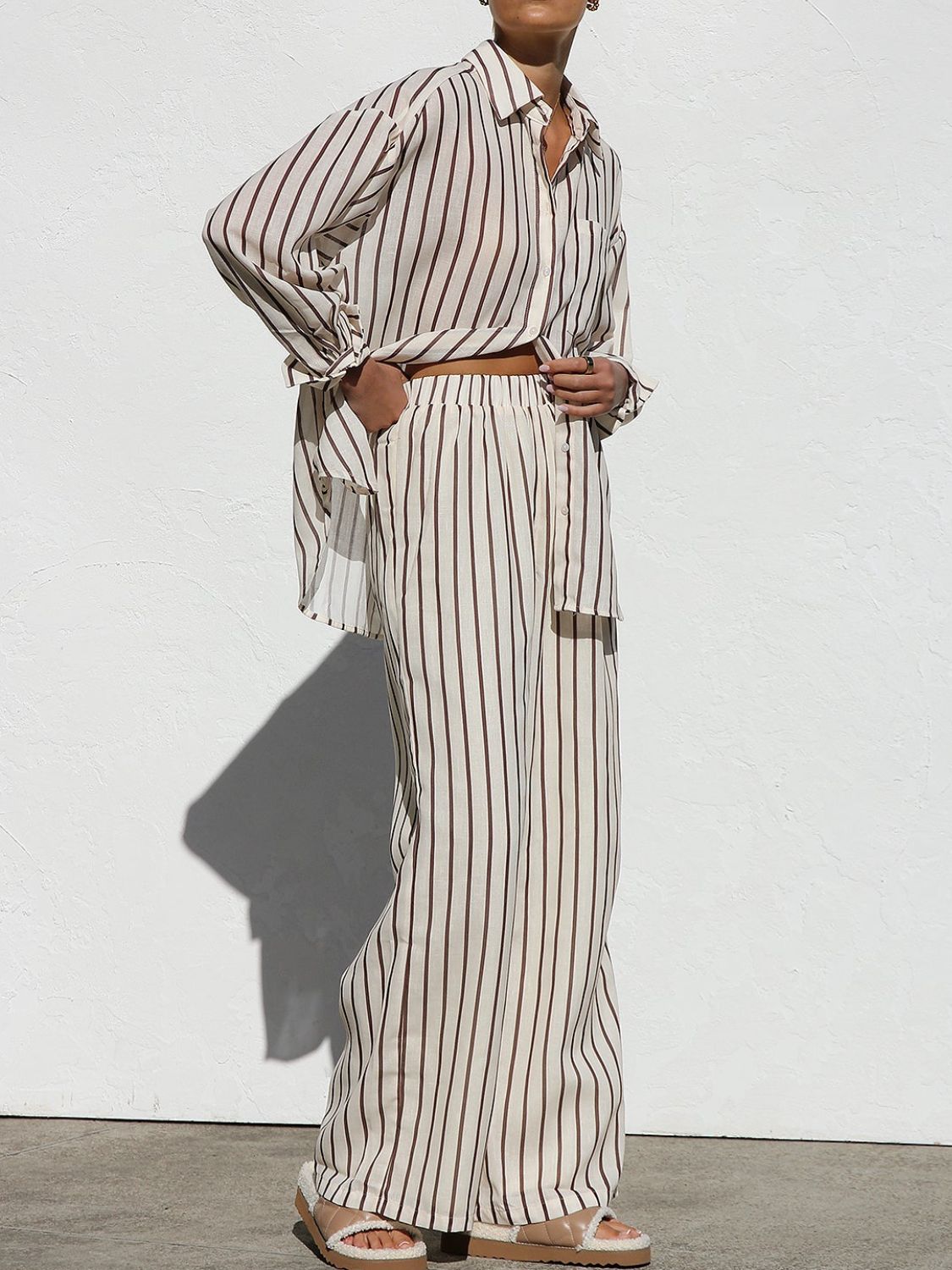 Blue Zone Planet | Striped Collared Neck Long Sleeve Top and Pants Set-TOPS / DRESSES-[Adult]-[Female]-2022 Online Blue Zone Planet