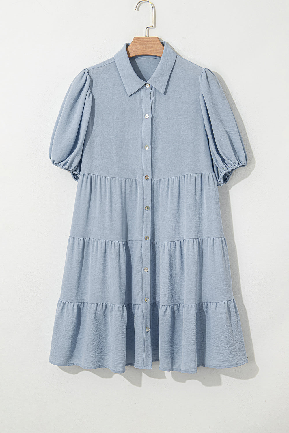 Beau Blue Shirt Collar Button Up Short Puff Sleeve Tiered Shift Dress-TOPS / DRESSES-[Adult]-[Female]-2022 Online Blue Zone Planet