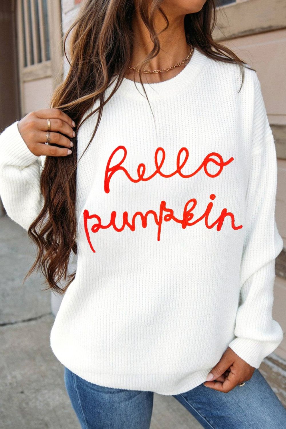 HELLO PUMPKIN Round Neck Long Sleeve Sweater-TOPS / DRESSES-[Adult]-[Female]-White-S-2022 Online Blue Zone Planet