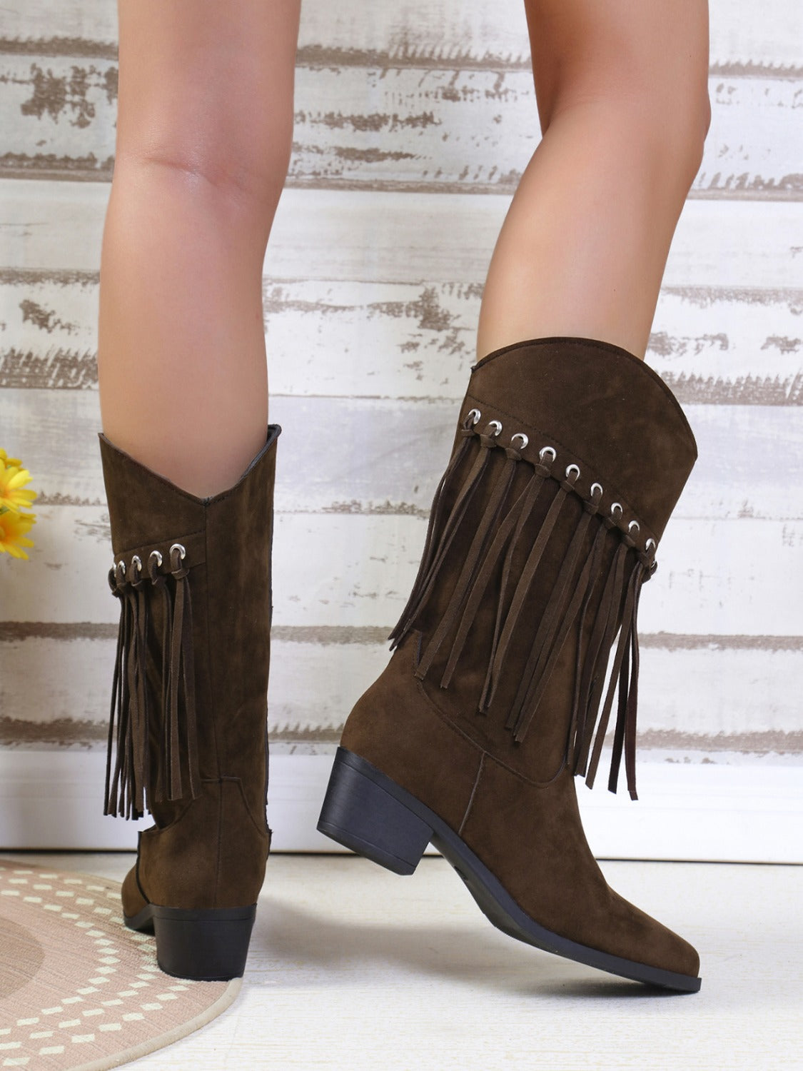 Fringe Suede Point Toe Block Heel Boots-COWBOY BOOTS-[Adult]-[Female]-2022 Online Blue Zone Planet