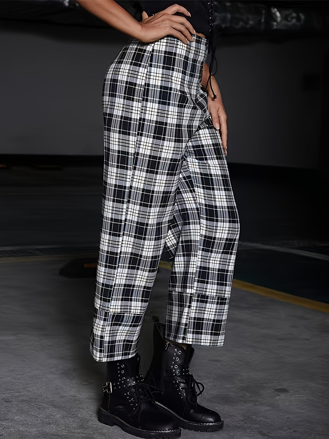 Full Size Plaid High Waist Pants-BOTTOMS SIZES SMALL MEDIUM LARGE-[Adult]-[Female]-2022 Online Blue Zone Planet