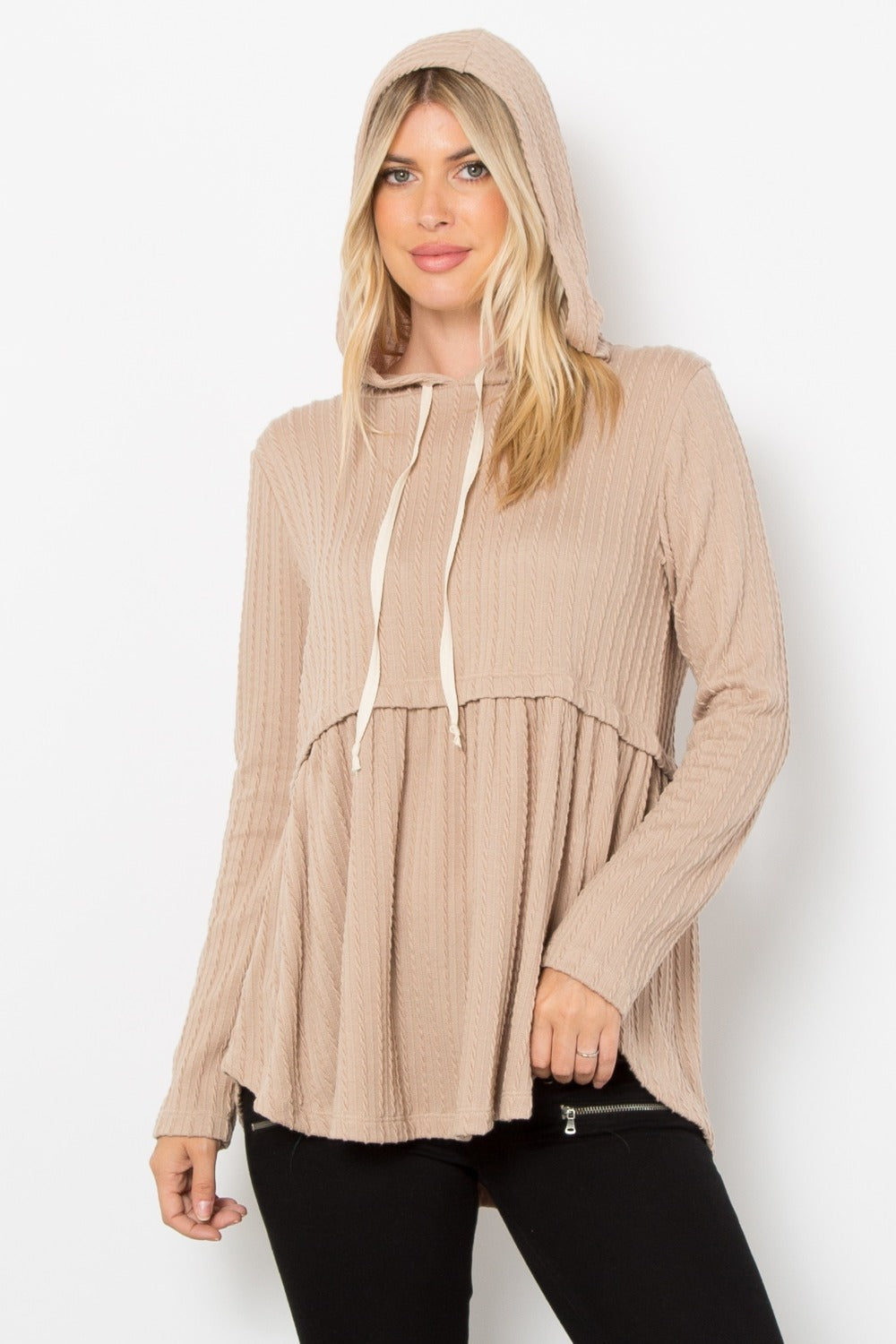 Be Stage Full Size Long Sleeve Peplum Cable Knit Hoodie-TOPS / DRESSES-[Adult]-[Female]-Taupe-S-2022 Online Blue Zone Planet