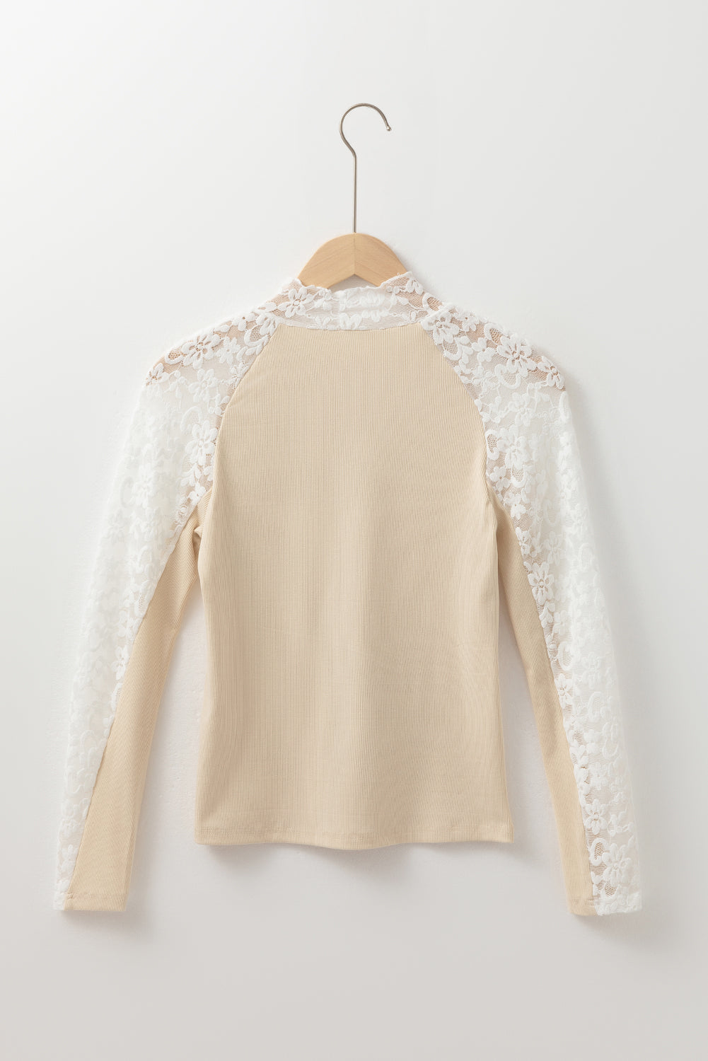 Blue Zone Planet | Beige Floral Lace Patchwork Long Sleeve High Neck Slim Top-Tops/Long Sleeve Tops-[Adult]-[Female]-2022 Online Blue Zone Planet