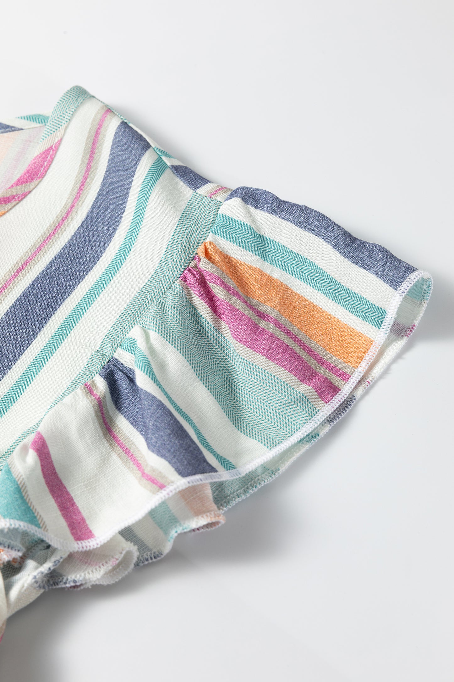 Light Blue Lace Hollow-out Insert Flutter Sleeve Striped Blouse-Tops/Blouses & Shirts-[Adult]-[Female]-2022 Online Blue Zone Planet