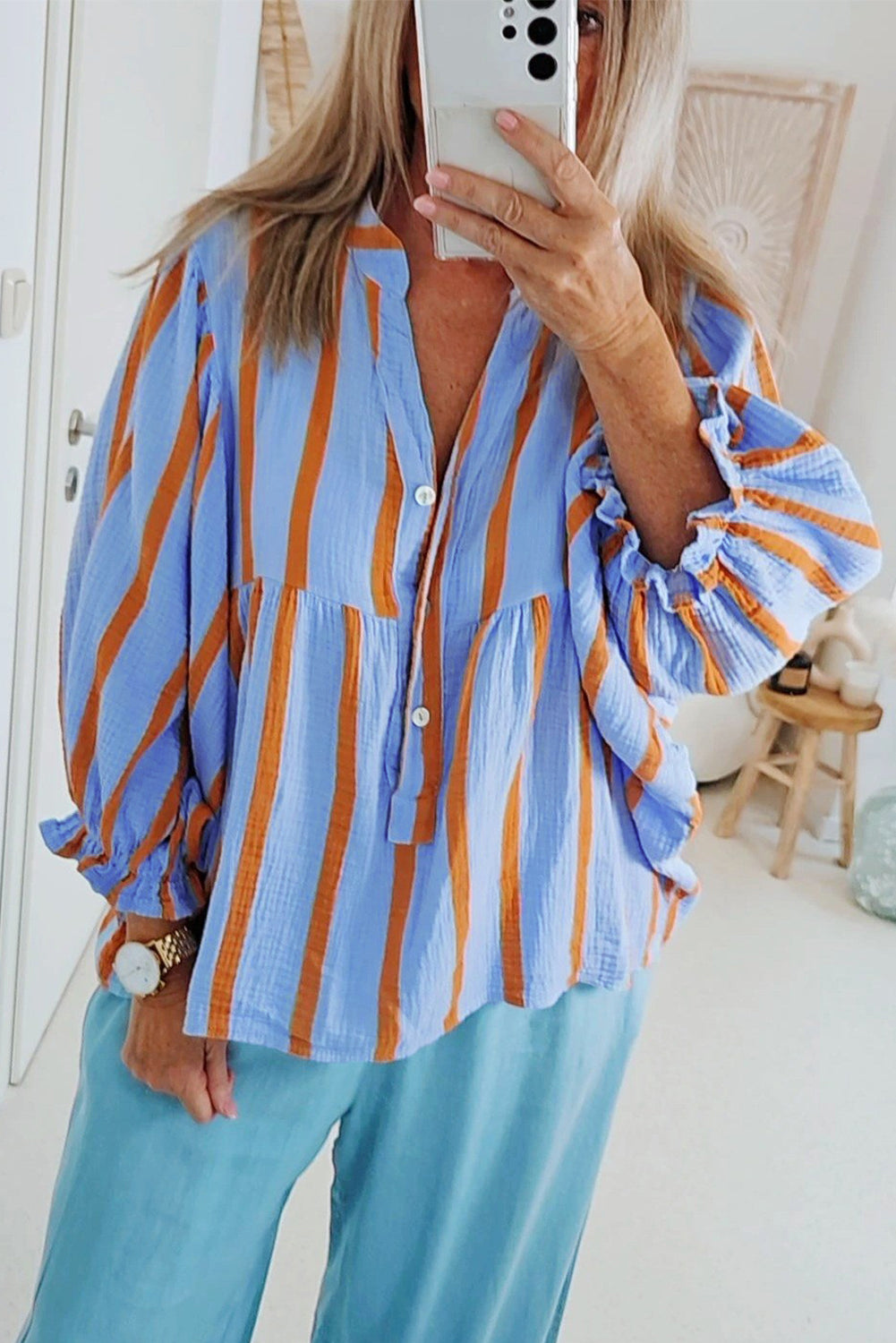 Sky Blue Stripe Crinckled Ruffled Sleeve Button up Loose Shirt-Tops/Blouses & Shirts-[Adult]-[Female]-2022 Online Blue Zone Planet