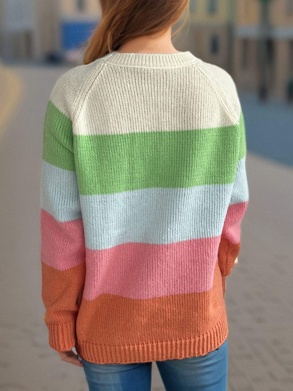 Blue Zone Planet | Color Block Round Neck Long Sleeve Sweater-TOPS / DRESSES-[Adult]-[Female]-2022 Online Blue Zone Planet