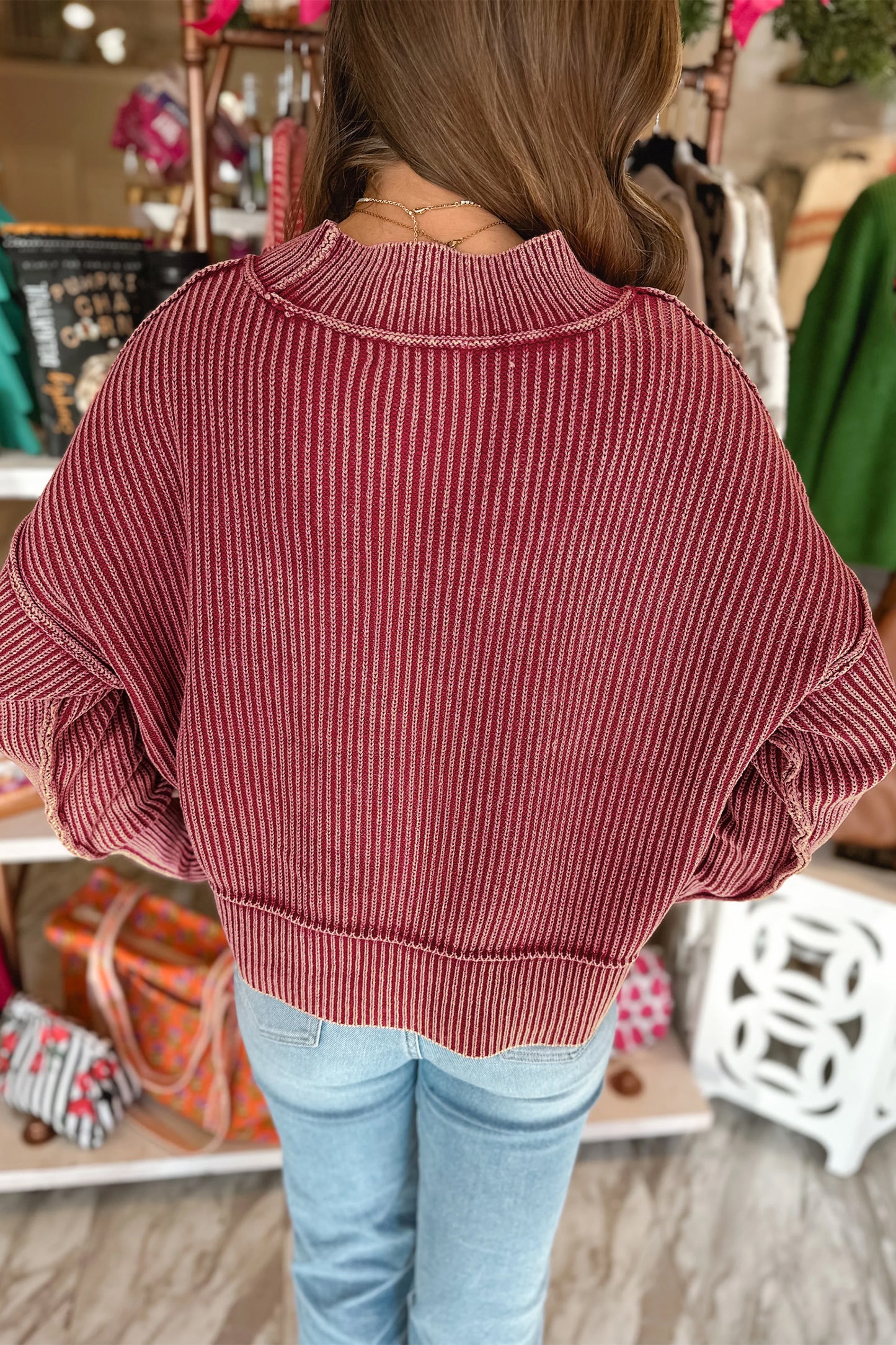 Red Dahlia Drop Shoulder High Neck Ribbed Sweater-Sweaters & Cardigans/Sweaters-[Adult]-[Female]-2022 Online Blue Zone Planet