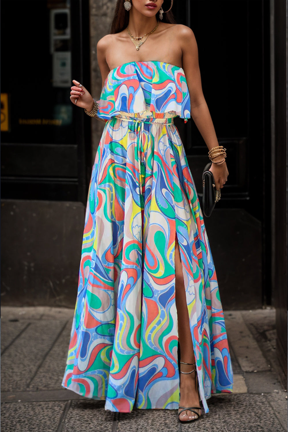 Slit Printed Tube Maxi Dress-TOPS / DRESSES-[Adult]-[Female]-Multicolor-S-2022 Online Blue Zone Planet