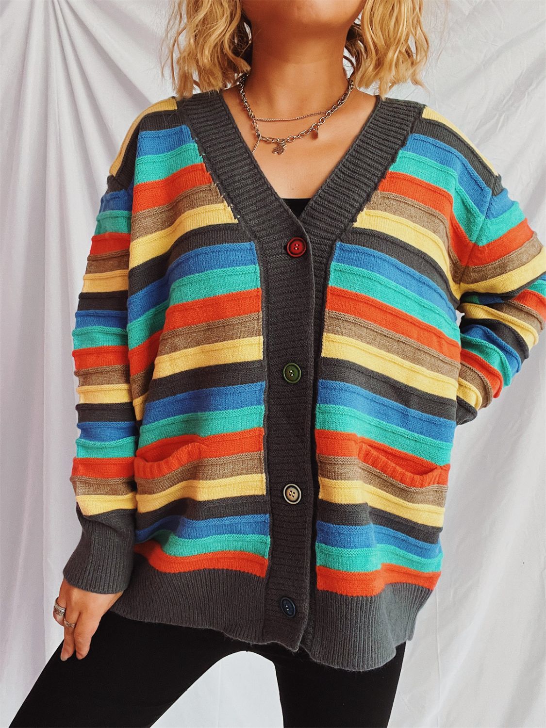 Contrast Stripes Button Up Long Sleeve Cardigan-TOPS / DRESSES-[Adult]-[Female]-Dark Gray-One Size-2022 Online Blue Zone Planet