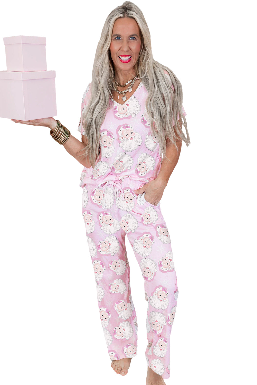 Pink Santa Claus Print V Neck Tee Drawstring Pants 2pcs Lounge Set-Loungewear & Sleepwear/Loungewear-[Adult]-[Female]-2022 Online Blue Zone Planet
