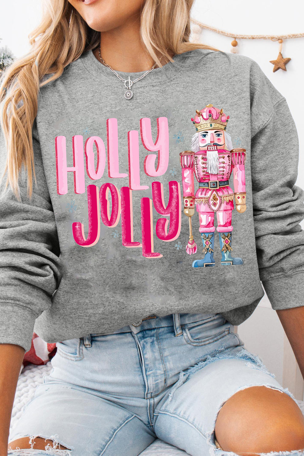 Blue Zone Planet | Gray HOLLY JOLLY Nutcracker Print Crew Neck Christmas Sweatshirt-Graphic/Graphic Sweatshirts-[Adult]-[Female]-Gray-S-2022 Online Blue Zone Planet