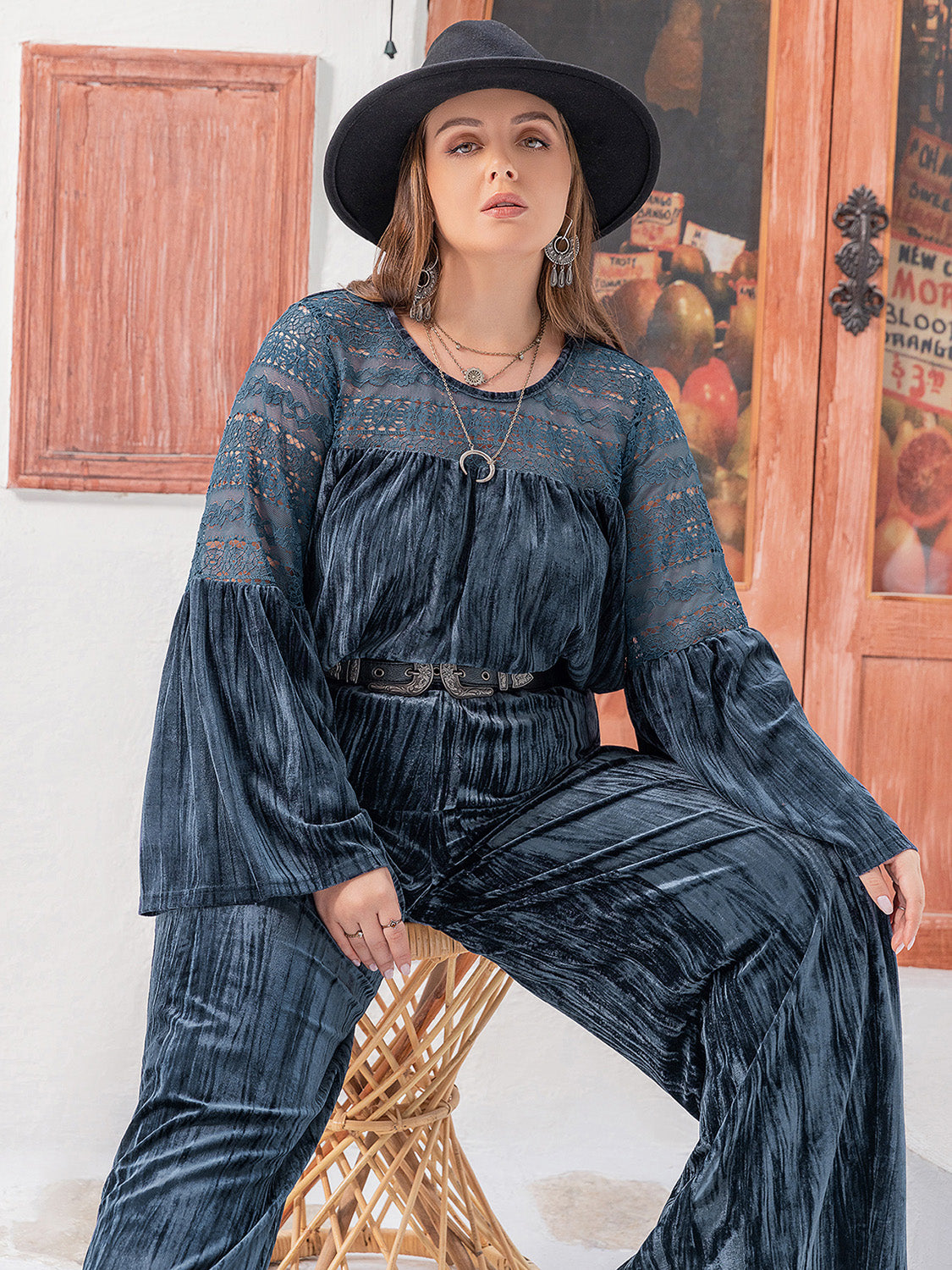 Blue Zone Planet | Plus Size Round Neck Flare Sleeve Top and Pants Set-TOPS / DRESSES-[Adult]-[Female]-2022 Online Blue Zone Planet