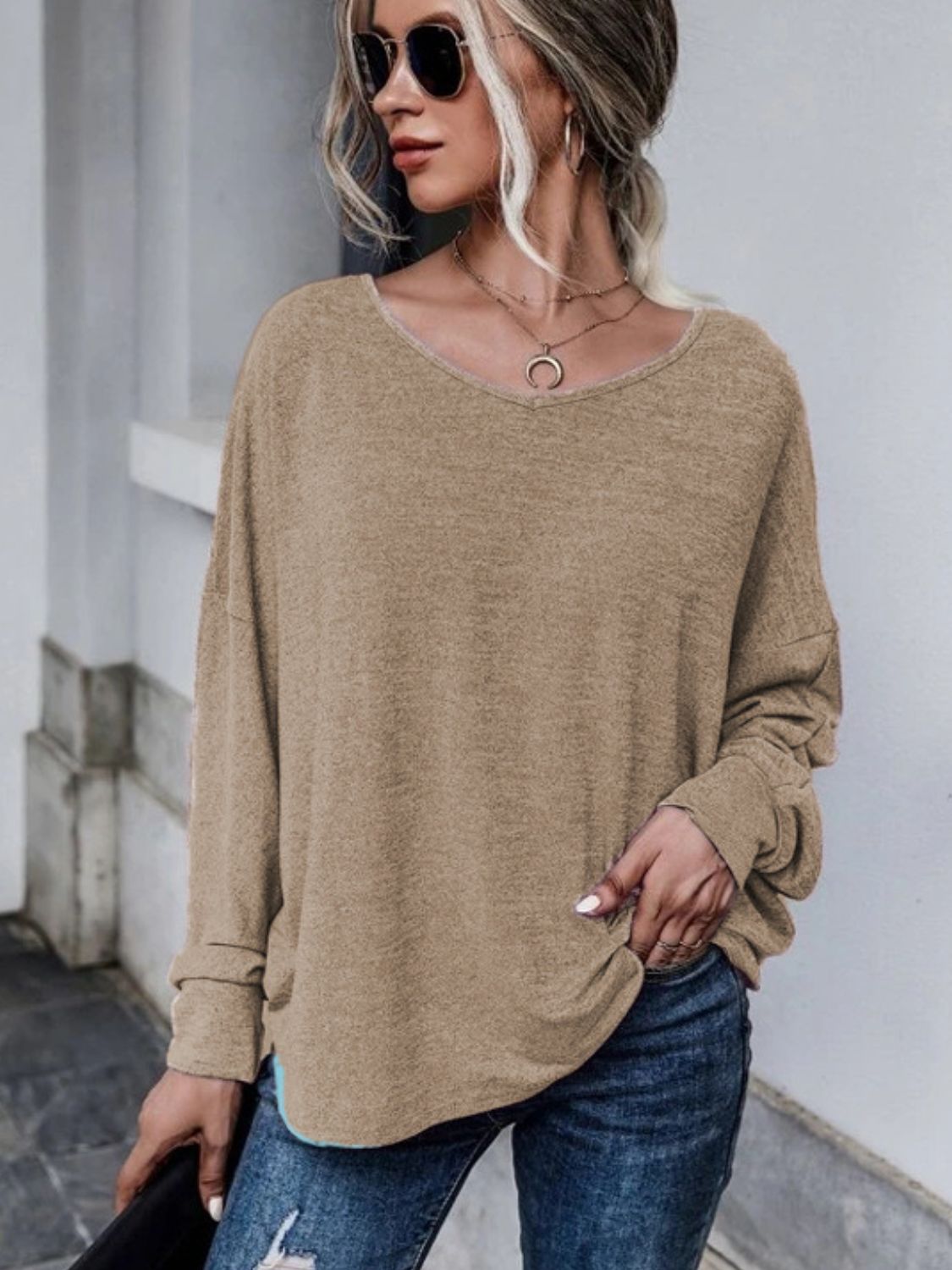 Full Size Double Tie Drop Shoulder Long Sleeve T-Shirt-TOPS / DRESSES-[Adult]-[Female]-Tan-S-2022 Online Blue Zone Planet