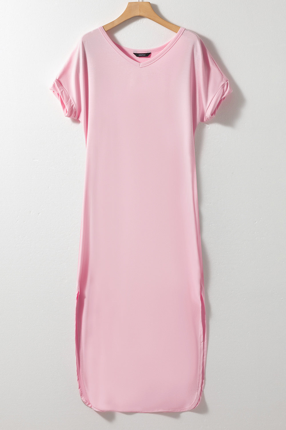 Pink V Neck Hidden Pocket Splits Maxi T-shirt Dress-TOPS / DRESSES-[Adult]-[Female]-2022 Online Blue Zone Planet